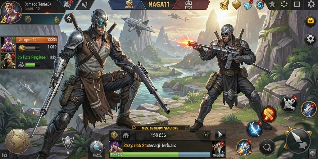 Tangkapan layar gameplay NAGA11 menampilkan pertempuran strategis yang intens.