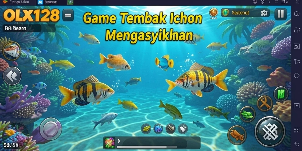 Screenshot utama OLX128 menampilkan aksi seru menangkap ikan.