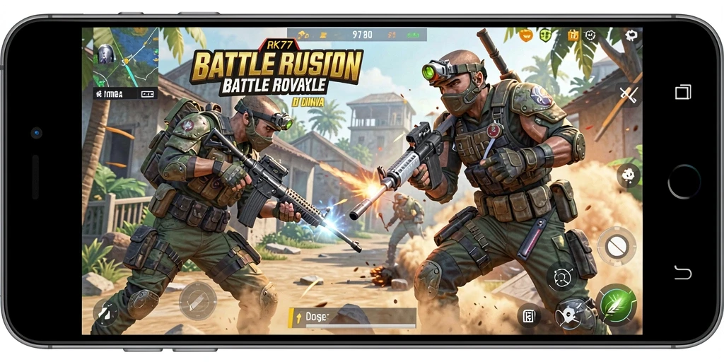 Screenshot gameplay RK77 menunjukkan pertarungan strategis dalam genre Battle Royale.